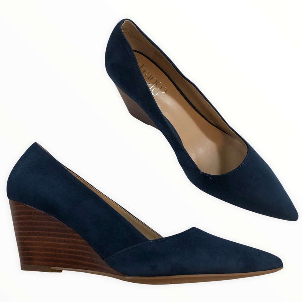 Franco Sarto Alexana Navy Blue Suede and Brown Heels Wedges Size 8